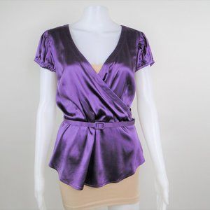 Gorgeous Luxurious Silk Deep Cut Purple Belted Blouse I.N.C. Designer